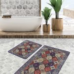 2'li Set Mavi Zeminde Kanvas Motifli Geometrik Desenli Eskitme Motifli Geometrik  2'li Banyo & Mutfak Paspas Takımı Realhomes