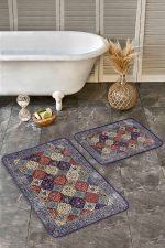 - Realhomes - Realhomes 2'li Set Antika Zeminde Dokuma Halı Motifli Yöresel Desenli Vintage Avangarde 2'li Banyo & Mutfak Paspas Takımı Realhomes