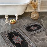 2'li Set Mavi Zeminde Örme Motifli Yaprak Desenli Summer & Fresh Floral  2'li Banyo & Mutfak Paspas Takımı Realhomes