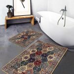 2'li Set Gri Zeminde Etnik Motifli Antik Desenli Vintage Eskitme Motifli  2'li Banyo & Mutfak Paspas Takımı Realhomes