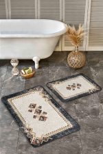 2'li Set Krem - Siyah Zeminde Geleneksel Motifli Dokuma Desenli Avangarde Etnik Motifler  2'li Banyo & Mutfak Paspas Takımı Realhomes