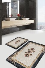 2'li Set Krem - Siyah Zeminde Geleneksel Motifli Dokuma Desenli Avangarde Etnik Motifler  2'li Banyo & Mutfak Paspas Takımı Realhomes