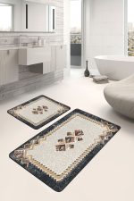 2'li Set Krem - Siyah Zeminde Geleneksel Motifli Dokuma Desenli Avangarde Etnik Motifler  2'li Banyo & Mutfak Paspas Takımı Realhomes
