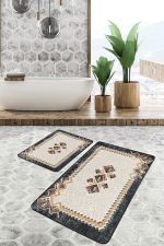 2'li Set Krem - Siyah Zeminde Geleneksel Motifli Dokuma Desenli Avangarde Etnik Motifler  2'li Banyo & Mutfak Paspas Takımı Realhomes
