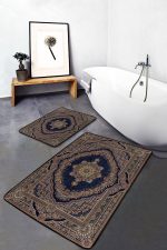 2'li Set Lacivert Zeminde Osmanlı Motifli Kilim Desenli Eskitme Motifli Vintage  2'li Banyo & Mutfak Paspas Takımı Realhomes