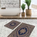 2'li Set Füme - Bej Zeminde Antik Motifli Dokuma Halı Desenli Eskitme Motifli Geometrik  2'li Banyo & Mutfak Paspas Takımı Realhomes