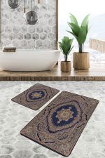 2'li Set Lacivert Zeminde Osmanlı Motifli Kilim Desenli Eskitme Motifli Vintage  2'li Banyo & Mutfak Paspas Takımı Realhomes