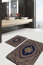 2'li Set Lacivert Zeminde Osmanlı Motifli Kilim Desenli Eskitme Motifli Vintage  2'li Banyo & Mutfak Paspas Takımı Realhomes