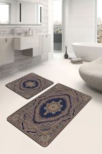 2'li Set Lacivert Zeminde Osmanlı Motifli Kilim Desenli Eskitme Motifli Vintage  2'li Banyo & Mutfak Paspas Takımı Realhomes