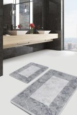 - PaspasTakimi-2li-Set961-Gorsel-2 - Realhomes  2'li Set Gri Zeminde Çerçeveli Motifli Mermer Desenli Sade & Şık Geometrik  2'li Banyo & Mutfak Paspas Takımı Realhomes