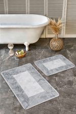 - Realhomes - Realhomes  2'li Set Gri Zeminde Çerçeveli Motifli Mermer Desenli Sade & Şık Geometrik  2'li Banyo & Mutfak Paspas Takımı Realhomes