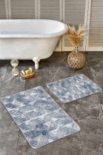 - Realhomes - Realhomes 2'li Set Mavi - Gri Zeminde Geometrik Motifli Eskitme Desenli Klasik Geometrik 2'li Banyo & Mutfak Paspas Takımı Realhomes