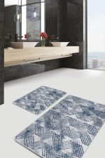 - PaspasTakimi-2li-Set962-Gorsel - Realhomes 2'li Set Mavi - Gri Zeminde Geometrik Motifli Eskitme Desenli Klasik Geometrik 2'li Banyo & Mutfak Paspas Takımı Realhomes