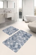 - PaspasTakimi-2li-Set962-Gorsel-2 - Realhomes 2'li Set Mavi - Gri Zeminde Geometrik Motifli Eskitme Desenli Klasik Geometrik 2'li Banyo & Mutfak Paspas Takımı Realhomes