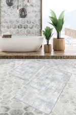 - PaspasTakimi-2li-Set963-Gorsel - Realhomes 2'li Set Krem - Mavi Zeminde Eskitme Motifli Retro Desenli Sade & Şık Eskitme Motifli 2'li Banyo & Mutfak Paspas Takımı Realhomes