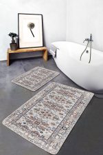 2'li Set Krem Zeminde Osmanlı Motifli Antik Desenli Avangarde Eskitme Motifli  2'li Banyo & Mutfak Paspas Takımı Realhomes