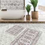 2'li Set Füme - Gri Zeminde Çerçeveli Motifli Dokuma Halı Desenli Geometrik Klasik  2'li Banyo & Mutfak Paspas Takımı Realhomes