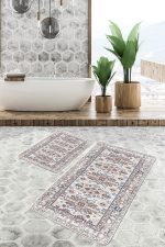 2'li Set Krem Zeminde Osmanlı Motifli Antik Desenli Avangarde Eskitme Motifli  2'li Banyo & Mutfak Paspas Takımı Realhomes