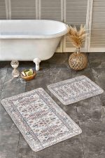 2'li Set Krem Zeminde Osmanlı Motifli Antik Desenli Avangarde Eskitme Motifli  2'li Banyo & Mutfak Paspas Takımı Realhomes