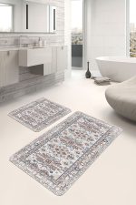 2'li Set Krem Zeminde Osmanlı Motifli Antik Desenli Avangarde Eskitme Motifli  2'li Banyo & Mutfak Paspas Takımı Realhomes
