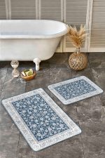 2'li Set Mavi Zeminde Uşak Motifli Antik Desenli Etnik Motifler Vintage  2'li Banyo & Mutfak Paspas Takımı Realhomes