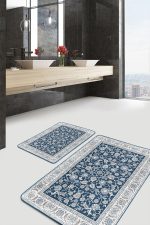 2'li Set Mavi Zeminde Uşak Motifli Antik Desenli Etnik Motifler Vintage  2'li Banyo & Mutfak Paspas Takımı Realhomes