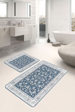 2'li Set Mavi Zeminde Uşak Motifli Antik Desenli Etnik Motifler Vintage  2'li Banyo & Mutfak Paspas Takımı Realhomes