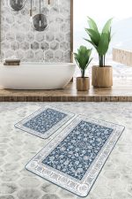 2'li Set Mavi Zeminde Uşak Motifli Antik Desenli Etnik Motifler Vintage  2'li Banyo & Mutfak Paspas Takımı Realhomes