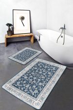 2'li Set Mavi Zeminde Uşak Motifli Antik Desenli Etnik Motifler Vintage  2'li Banyo & Mutfak Paspas Takımı Realhomes