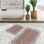 2'li Set Gri - Krem Zeminde Eskitme Motifli Dokuma Halı Desenli Eskitme Motifli Vintage  2'li Banyo & Mutfak Paspas Takımı Realhomes