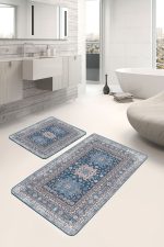 2'li Set Mavi Zeminde Kilim Motifli Hereke Desenli Eskitme Motifli Avangarde  2'li Banyo & Mutfak Paspas Takımı Realhomes
