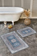 2'li Set Mavi Zeminde Kilim Motifli Hereke Desenli Eskitme Motifli Avangarde  2'li Banyo & Mutfak Paspas Takımı Realhomes