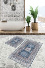 2'li Set Mavi Zeminde Kilim Motifli Hereke Desenli Eskitme Motifli Avangarde  2'li Banyo & Mutfak Paspas Takımı Realhomes