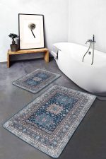 2'li Set Mavi Zeminde Kilim Motifli Hereke Desenli Eskitme Motifli Avangarde  2'li Banyo & Mutfak Paspas Takımı Realhomes
