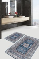 2'li Set Mavi Zeminde Kilim Motifli Hereke Desenli Eskitme Motifli Avangarde  2'li Banyo & Mutfak Paspas Takımı Realhomes