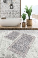 2'li Set Gri Zeminde Pers Motifli Yöresel Desenli Avangarde Etnik Motifler  2'li Banyo & Mutfak Paspas Takımı Realhomes