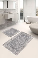 2'li Set Gri Zeminde Pers Motifli Yöresel Desenli Avangarde Etnik Motifler  2'li Banyo & Mutfak Paspas Takımı Realhomes