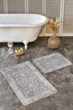 2'li Set Gri Zeminde Pers Motifli Yöresel Desenli Avangarde Etnik Motifler  2'li Banyo & Mutfak Paspas Takımı Realhomes