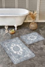 - Realhomes - Realhomes  2'li Set Krem Zeminde Otantik Motifli Osmanlı Desenli Etnik Motifler Vintage  2'li Banyo & Mutfak Paspas Takımı Realhomes