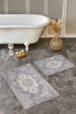 - Realhomes - Realhomes 2'li Set Bej Zeminde Osmanlı Motifli Hereke Desenli Eskitme Motifli Vintage 2'li Banyo & Mutfak Paspas Takımı Realhomes