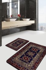 2'li Set Lacivert Kırmızı Zeminde Yöresel Motifli Uşak Desenli Vintage Avangarde  2'li Banyo & Mutfak Paspas Takımı Realhomes