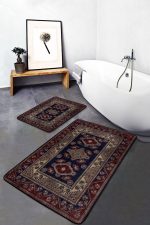 2'li Set Lacivert Kırmızı Zeminde Yöresel Motifli Uşak Desenli Vintage Avangarde  2'li Banyo & Mutfak Paspas Takımı Realhomes