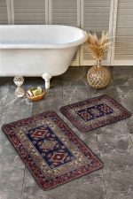 2'li Set Lacivert Kırmızı Zeminde Yöresel Motifli Uşak Desenli Vintage Avangarde  2'li Banyo & Mutfak Paspas Takımı Realhomes