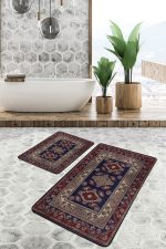 2'li Set Lacivert Kırmızı Zeminde Yöresel Motifli Uşak Desenli Vintage Avangarde  2'li Banyo & Mutfak Paspas Takımı Realhomes
