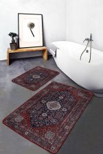 2'li Set Lacivert Kırmızı Zeminde Uşak Motifli Yöresel Desenli Etnik Motifler Vintage  2'li Banyo & Mutfak Paspas Takımı Realhomes