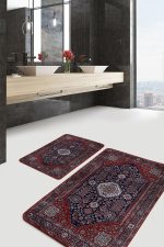 2'li Set Lacivert Kırmızı Zeminde Uşak Motifli Yöresel Desenli Etnik Motifler Vintage  2'li Banyo & Mutfak Paspas Takımı Realhomes