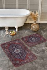2'li Set Lacivert Kırmızı Zeminde Uşak Motifli Yöresel Desenli Etnik Motifler Vintage  2'li Banyo & Mutfak Paspas Takımı Realhomes
