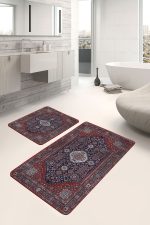 2'li Set Lacivert Kırmızı Zeminde Uşak Motifli Yöresel Desenli Etnik Motifler Vintage  2'li Banyo & Mutfak Paspas Takımı Realhomes