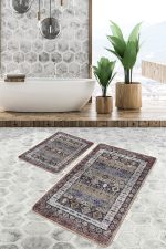 - PaspasTakimi-2li-Set978-Gorsel-1 - Realhomes 2'li Set Kahverengi Zeminde Hereke Motifli Dokuma Desenli Avangarde Etnik Motifler 2'li Banyo & Mutfak Paspas Takımı Realhomes