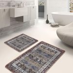 2'li Set Krem - Mavi Zeminde Eskitme Motifli Kanvas Desenli Eskitme Motifli Sade & Şık  2'li Banyo & Mutfak Paspas Takımı Realhomes